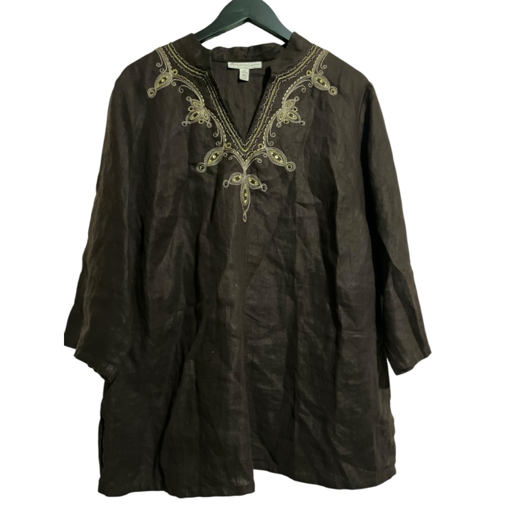 Women's JM Collection Brown Gold Embroidered Linen Tunic Top 14W